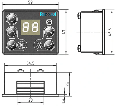 Drawing of a Rencool climate controller with mounting dimensions