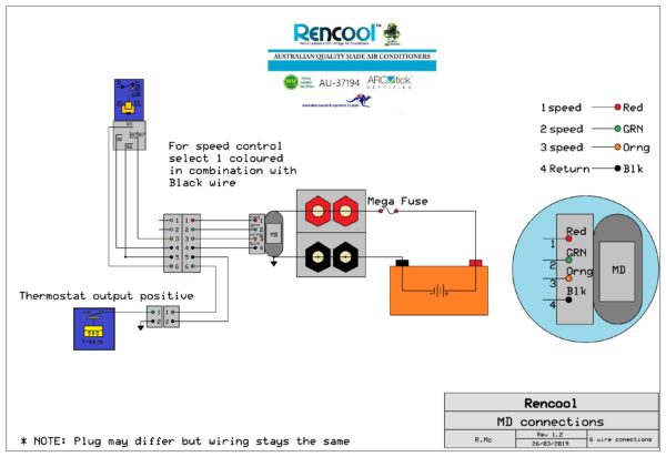Rencool MD-series compressor wiring harness and relay schematic