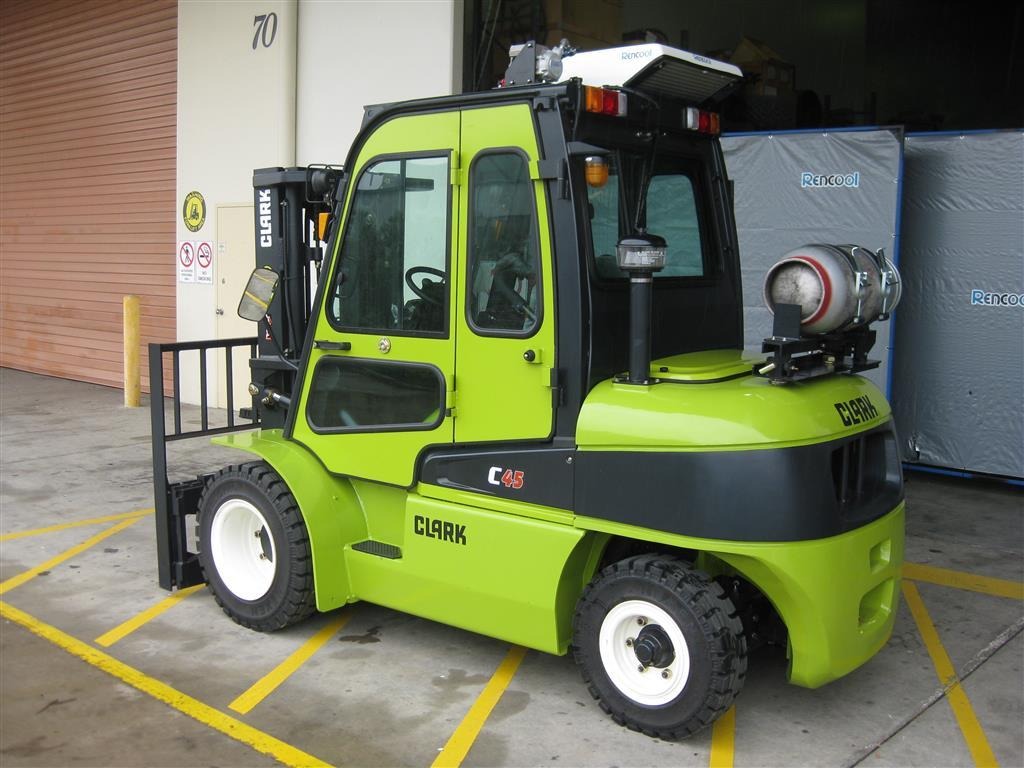 Clark forklift with an enclosed operator cab.